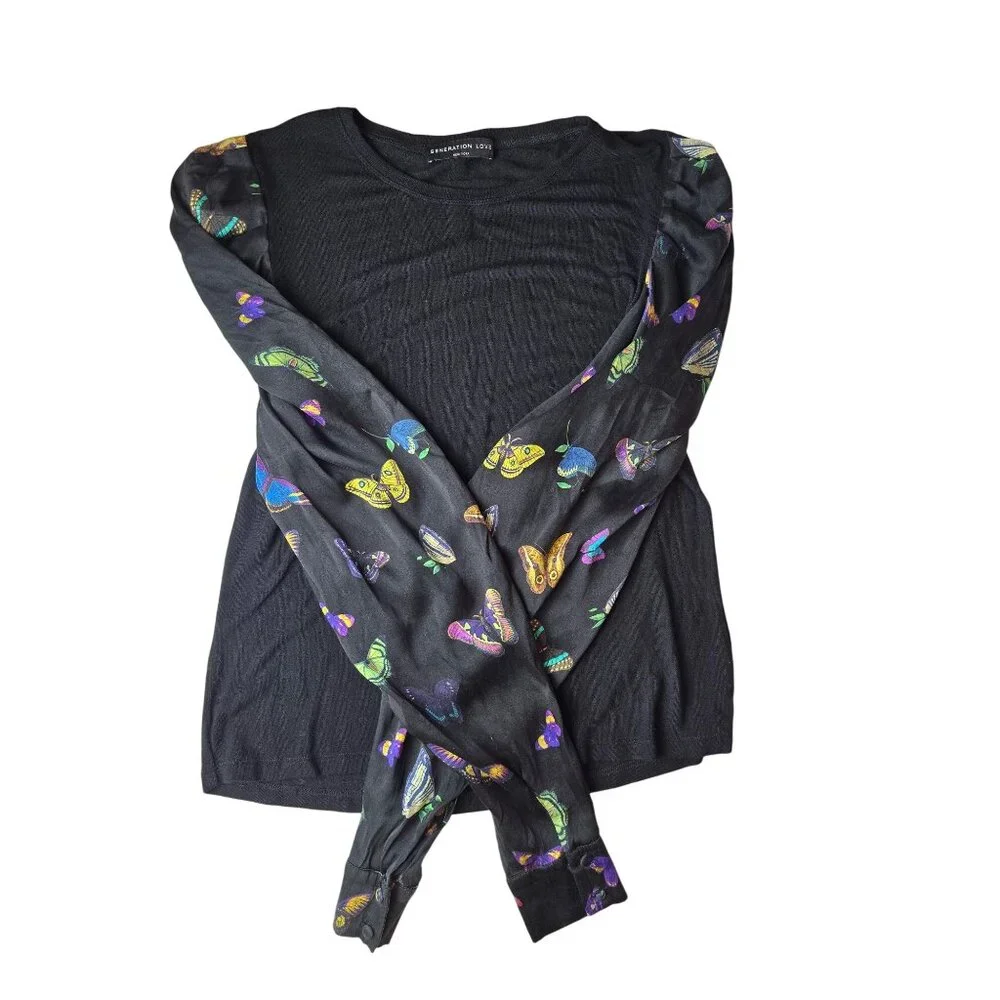 Generation Love Black Top W/ Butterfly Print Puff Silk Sleeves‎ Whimsigoth